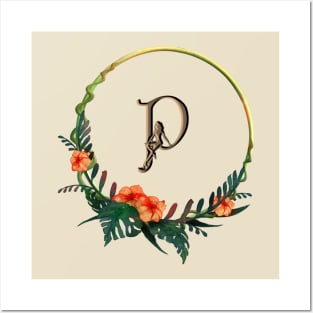 Circular frame with tropical flowers and girl figure on Letter P Posters and Art